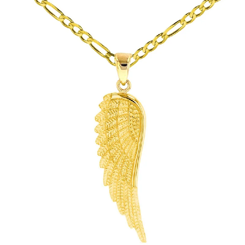 women emerald necklaces -14k Solid Gold Textured Angel Wing Charm Pendant with Figaro Chain Necklace