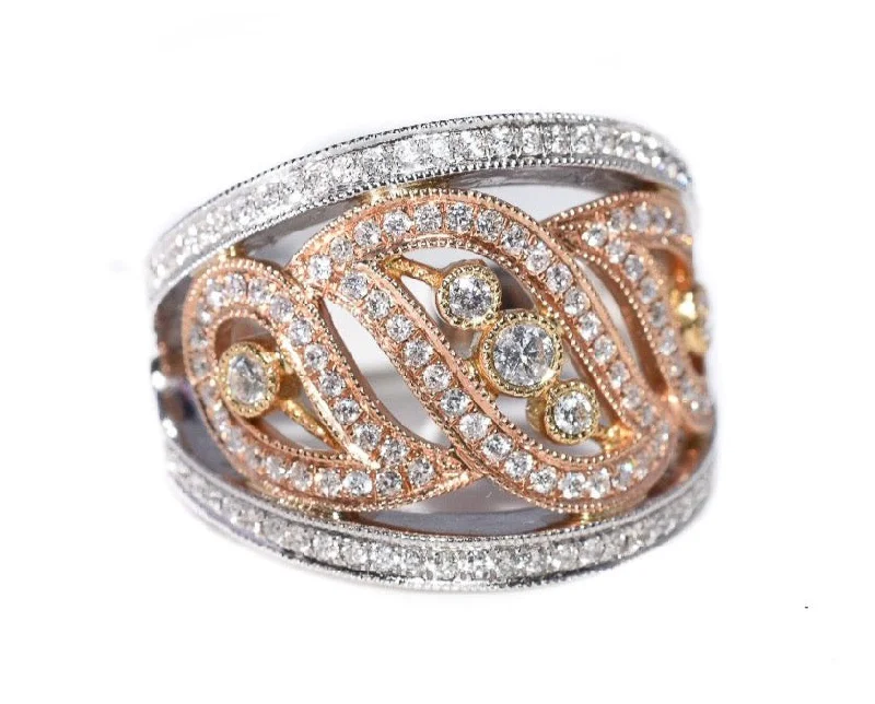 women cushion cut rings -18kt Tri Color Vintage-Style Diamond Swirl Ring (.73 ctw)