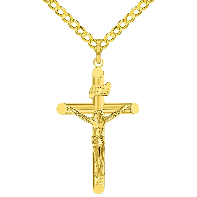 women custom engraved gold necklaces -14k Yellow Gold INRI Tubular Cross Charm Traditional Roman Catholic Crucifix Pendant Cuban Curb Chain Necklace