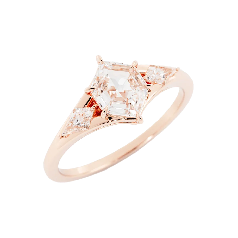 women engagement rings -1.8 Salt and Pepper Hexagon Cut Moissanite Engagement Ring 14k Rose Gold