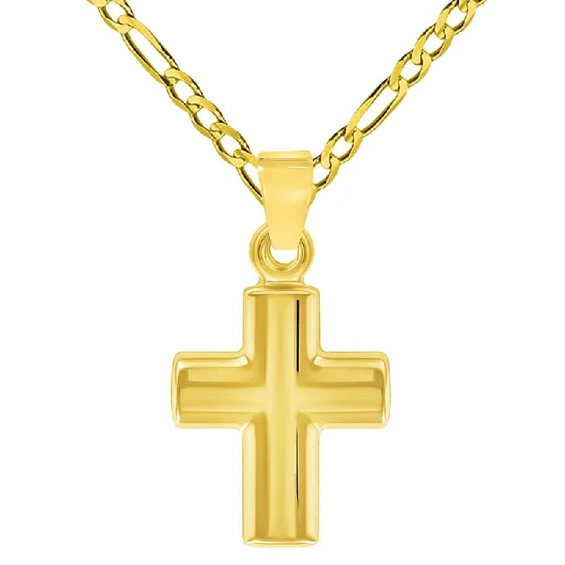 women choker necklaces -14k Yellow Gold Polished Simple Mini Religious Cross Charm Pendant with Figaro Chain Necklace