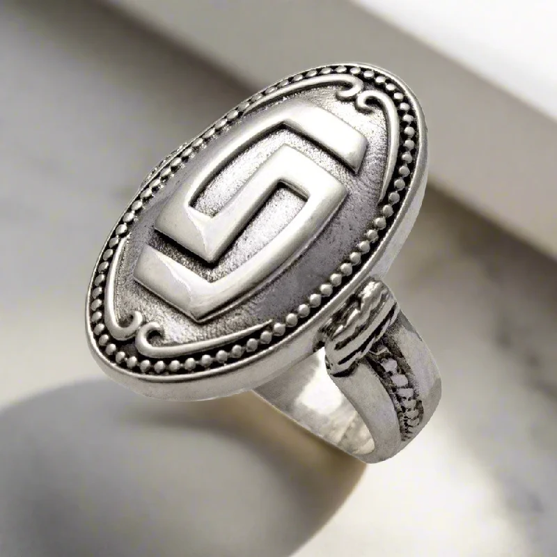 women pear-shaped rings -Greek Key Meander Ring in Sterling Silver (DT-66)