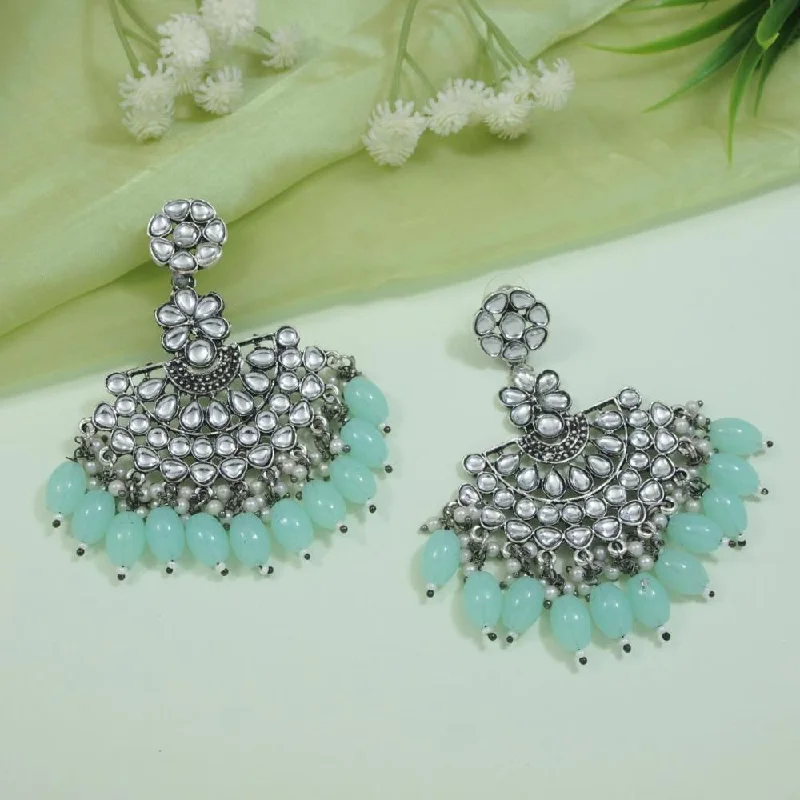 women fine gold earrings -Etnico Silver Oxidised Kundan & Pearl Chandbali Earrings For Women (E3106ZMin)