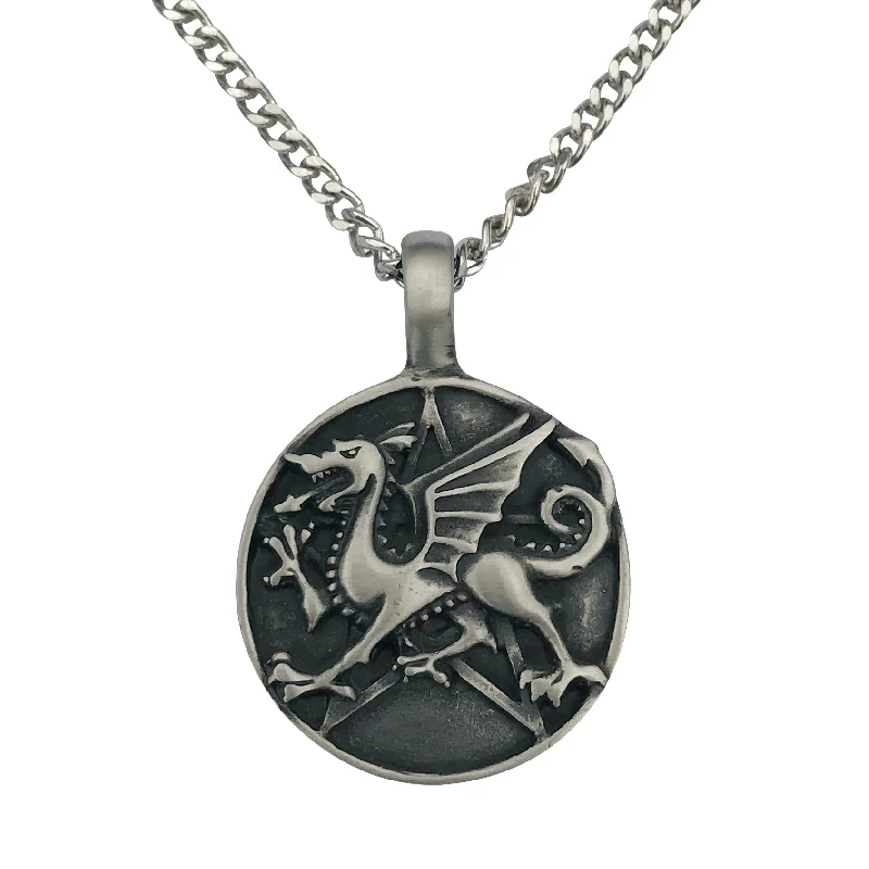 women vintage-style necklaces -Pewter Dragon Pentagram Pendant with Extra Large Bail, on Men's Heavy Curb Chain Necklace, 24"