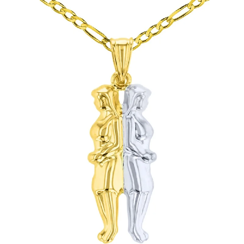 women birthstone necklaces -High Polished Handcrafted 14K Yellow Gold Gemini Pendant Unique Zodiac Sign Charm Figaro Chain Necklace