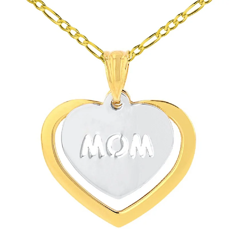 women heart-shaped necklaces -Solid 14K Gold Double Heart with Mom Pendant Necklace - Two-Tone Gold