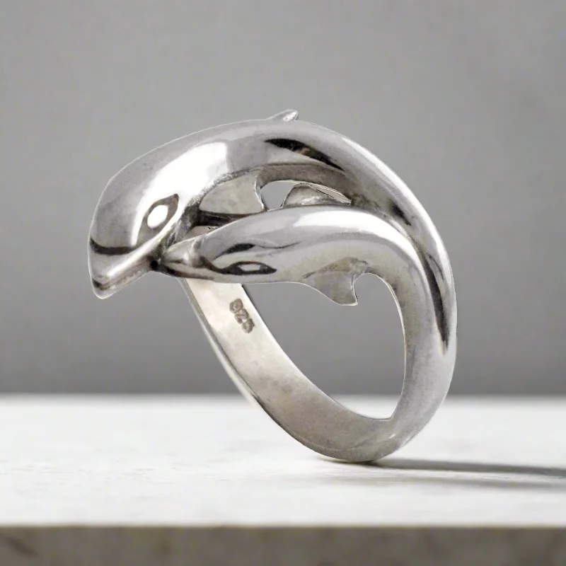 women elegant wedding rings -Minoan Dolphins Ring in Sterling Silver, womens jewelry (DT-80)