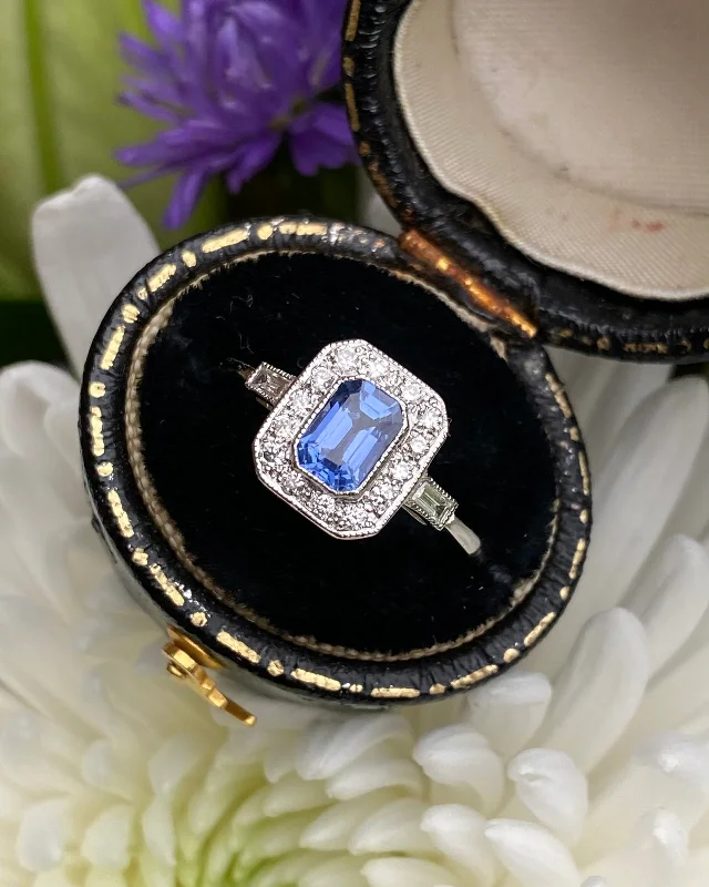 women wide band rings -Art Deco Sapphire & Diamond Cluster Ring Platinum 0.30ct + 0.50ct