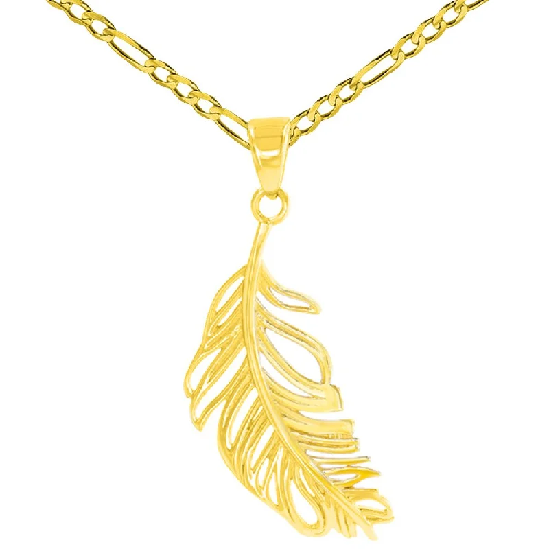 women long necklaces -Solid 14K Gold Textured Feather Charm Pendant Necklace - Yellow Gold