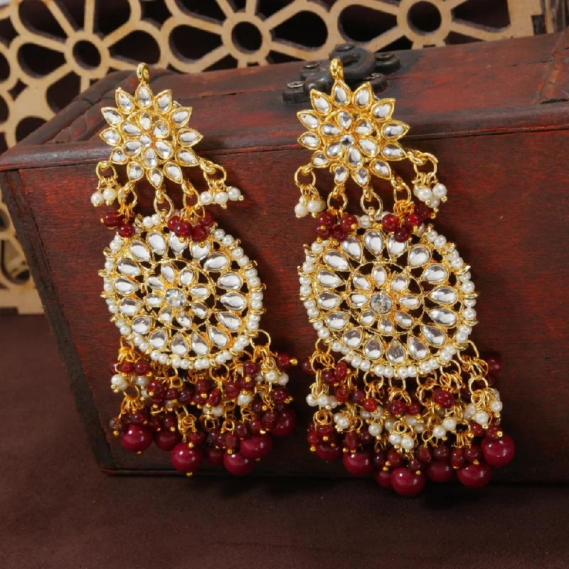 women diamond stud earrings -Etnico Gold Plated Intricately Designed Traditional Statement Drop Earrings Glided With Kundans & Pearls (E2883M)