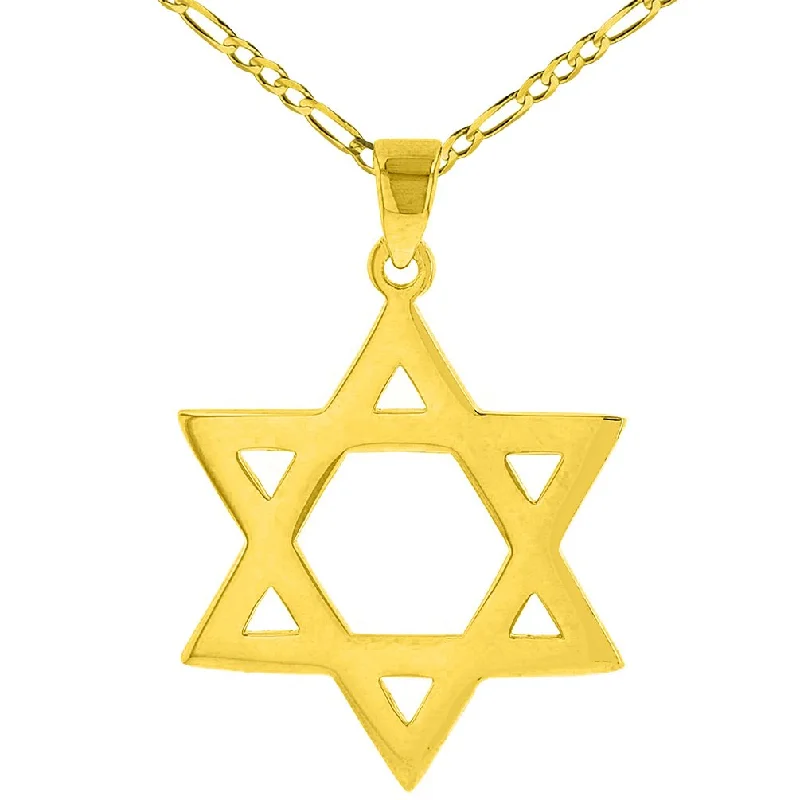 women art deco necklaces -Solid 14K Gold Star Of David Hebrew Pendant with Figaro Necklace - Yellow Gold