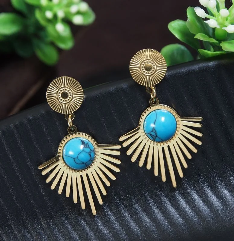 women dangle earrings -Tarohi JewelsStainless Steel Turqoise Sunburst Drop Earring - STNER 5388