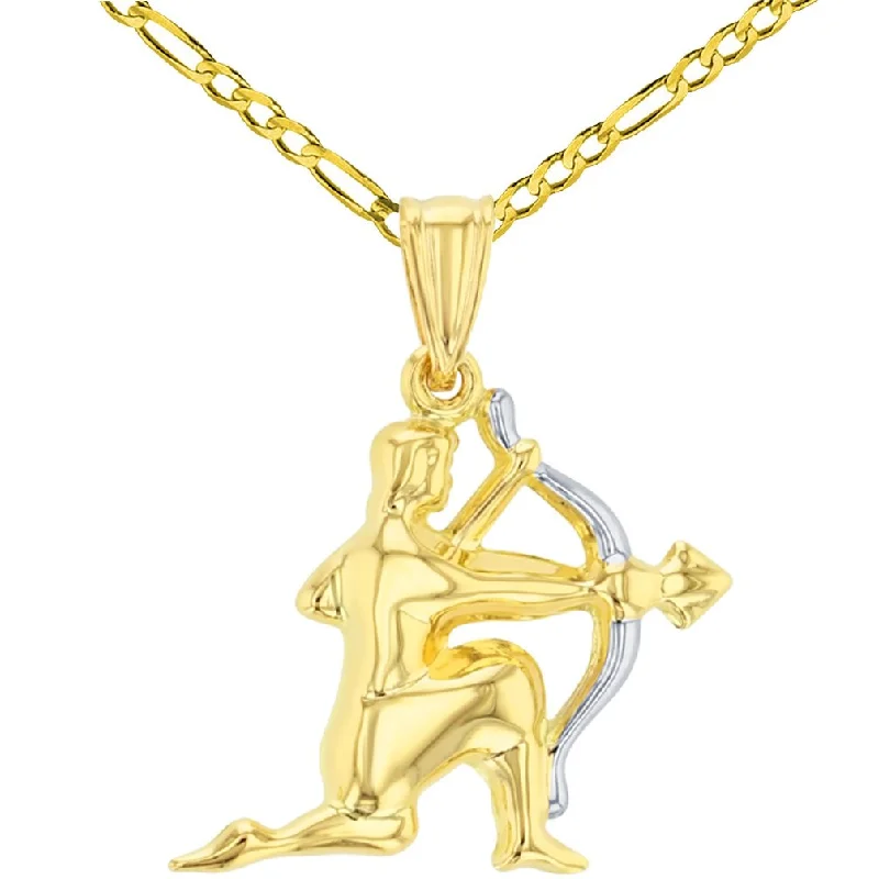 women engraved pendant necklaces -High Polished 14K Yellow Gold Sagittarius Zodiac Sign Charm Pendant Unique Figaro Chain Necklace