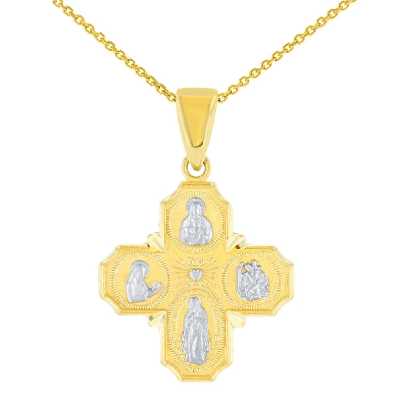 women star-shaped necklaces -Solid 14K Gold Dainty Four Way Cross Charm with God Bless You Pendant Necklace - Yellow Gold