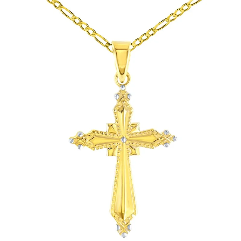 women gemstone drop pendant necklaces -14K High Polish Yellow Gold Milgrain Cross Charm Pendant Figaro Chain Necklace