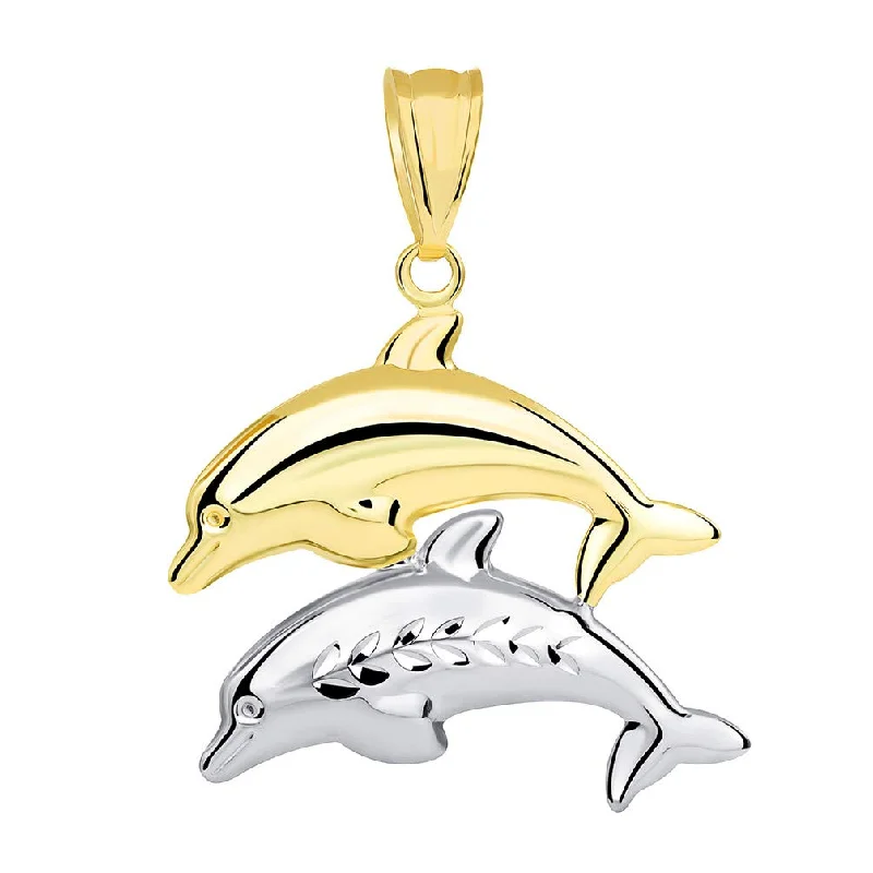 women designer necklaces -14k Two Tone Gold 3D Dolphins Jumping Pendant - Yellow and White Gold