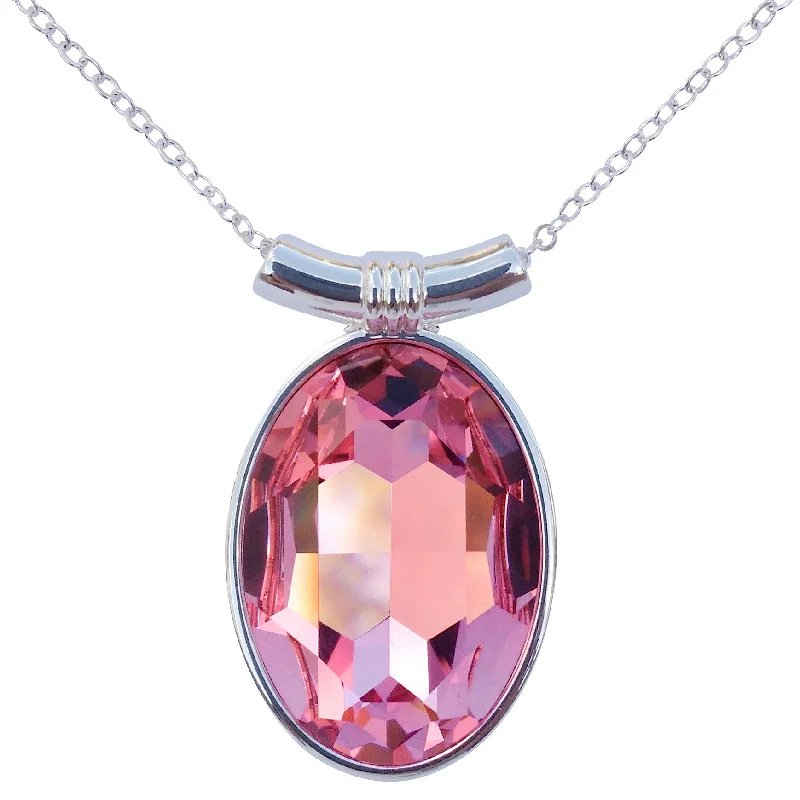 women vintage-style necklaces -Pink Rose Swarovski Crystal Oval Pendant on 18" 2mm Silver-Plated Necklace