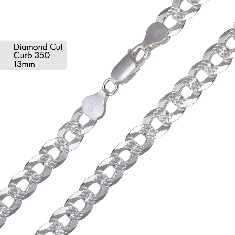 women crystal bracelets -Curb 350 1 Side Diamond Cut 1 Side Plain Chain or Bracelet 13mm - CH635