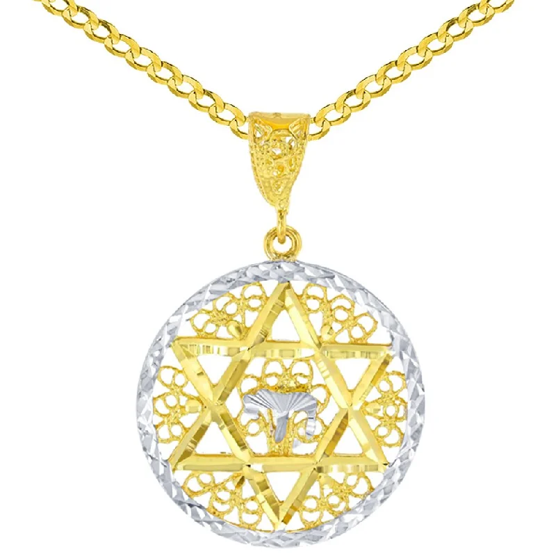 women star-shaped necklaces -Solid 14K Gold Round Filigree Star of David with Chai Symbol Pendant Cuban Chain Necklace - Yellow Gold