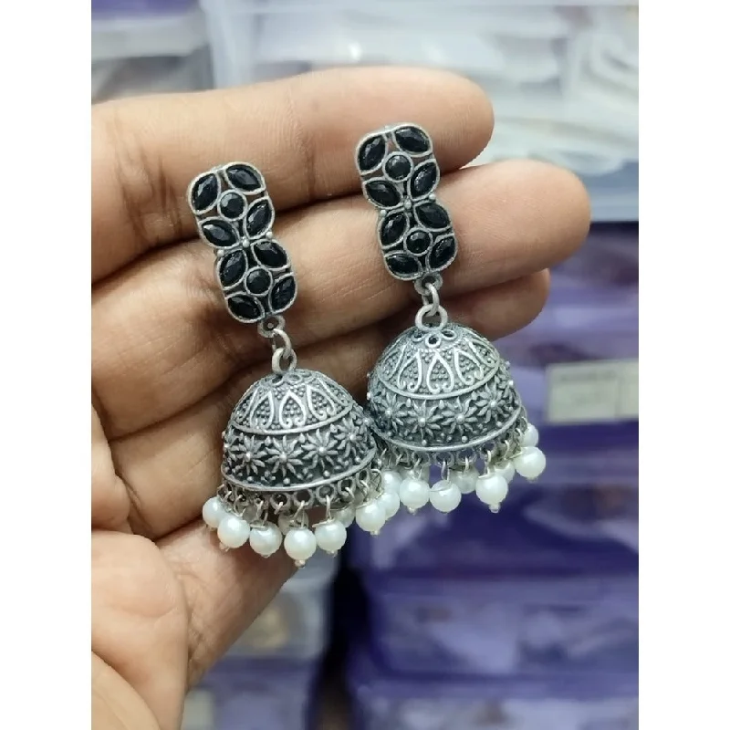 women jade earrings -Akruti Collection Oxidised Plated Pota Stone Jhumki Earrings