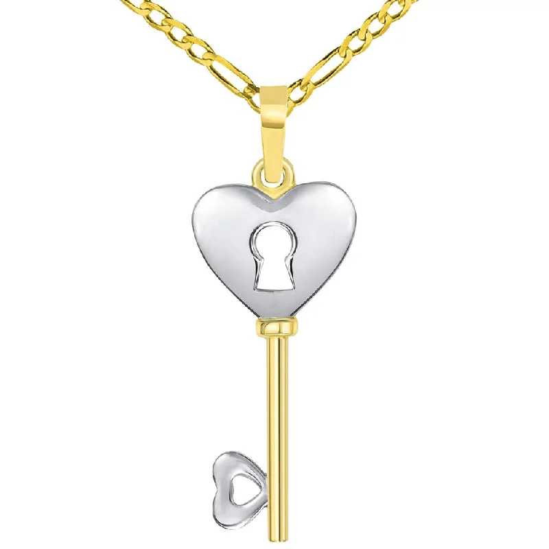 women gold plated necklaces -14k Yellow Gold 3D Two Tone Heart Shaped Love Key Pendant with Figaro Necklace