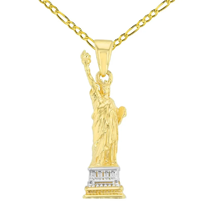 women gold plated necklaces -14K Solid Yellow Gold Statue of Liberty Charm Pendant with Figaro Chain Necklace