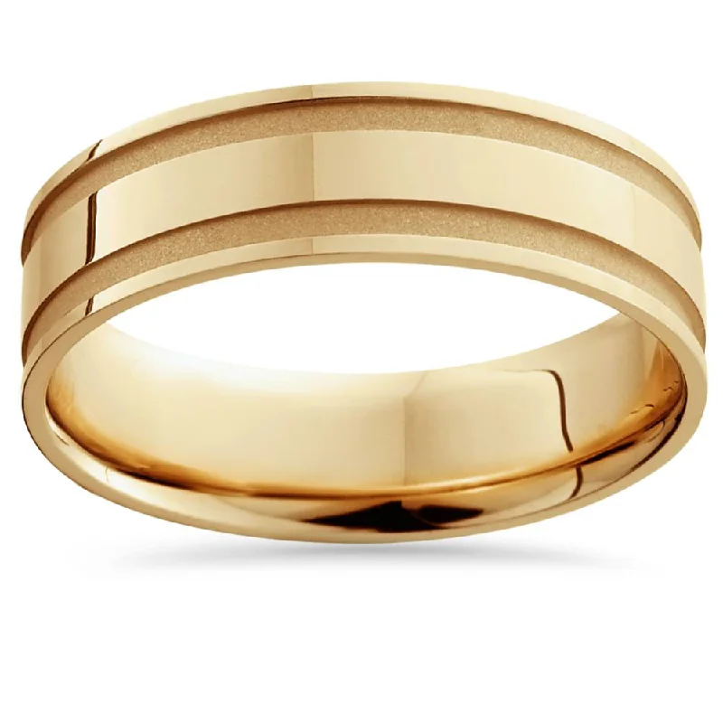 women custom wedding rings -14K Yellow Gold Mens Grooved Wedding Band 6mm Size Selectable