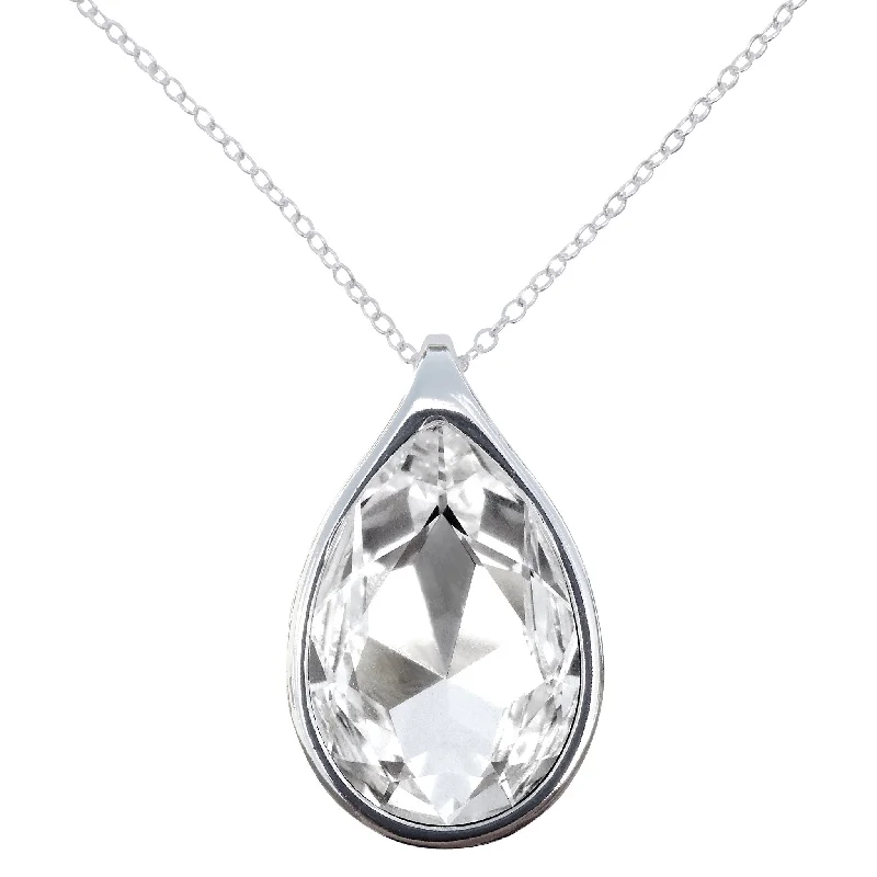 women wedding day necklaces -Diamond Clear Swarovski Crystal Pear/Teardrop Pendant on 18" 2mm Silver-Plated Necklace