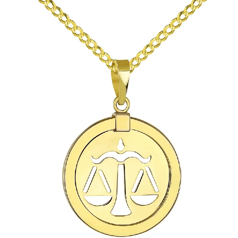 women gemstone necklaces -14k Yellow Gold Reversible Round Libra Scale Zodiac Sign Pendant Cuban Chain Medallion Necklace