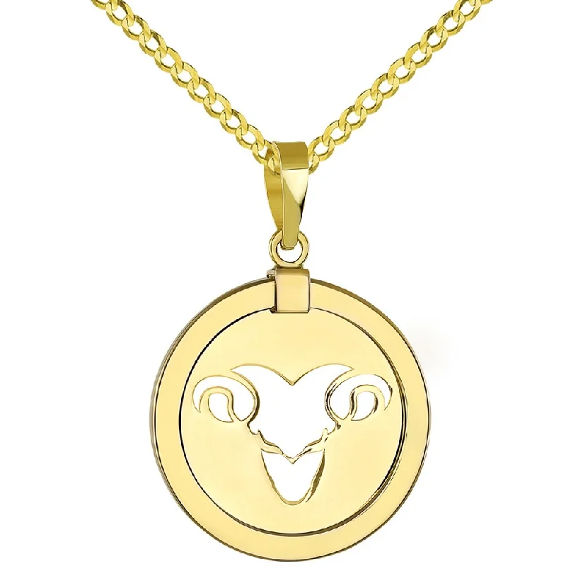 women infinity necklaces -High Polished 14K Yellow Gold Reversible Significant Round Ram Aries Zodiac Sign Pendant with Cuban Chain Necklace