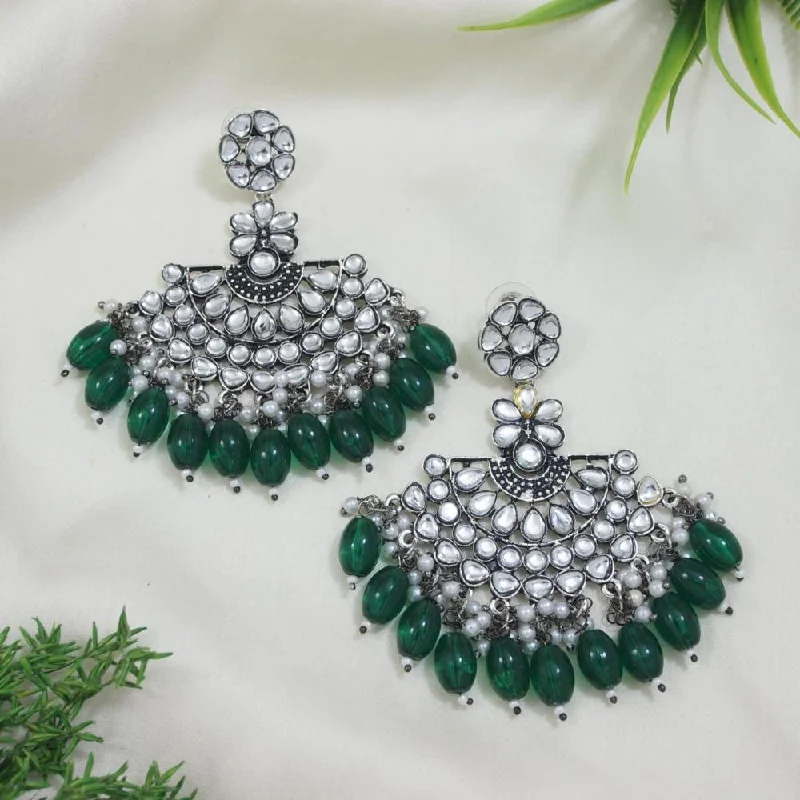 women dainty stud earrings -Etnico Silver Oxidised Kundan & Pearl Chandbali Earrings For Women (E3106ZG)