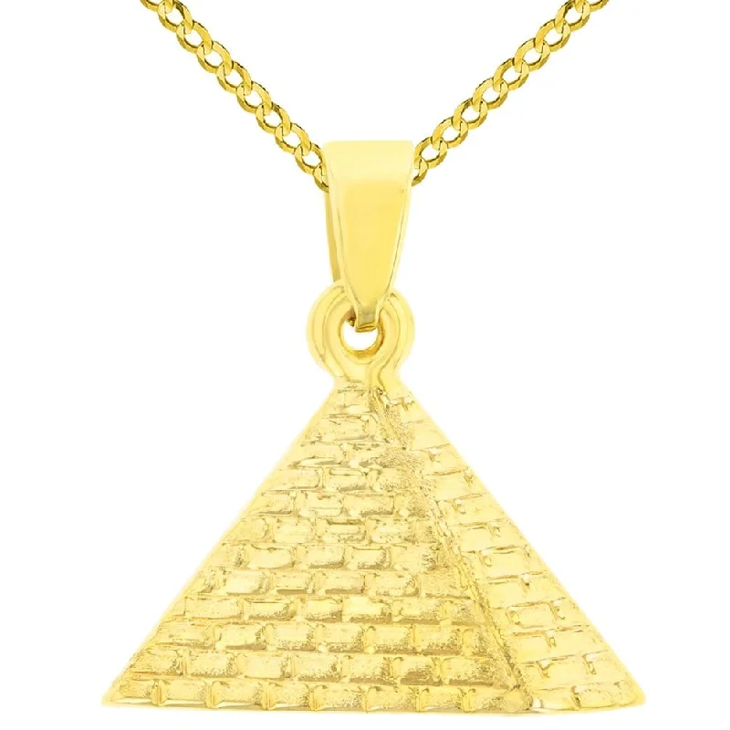 women art deco necklaces -14K Gold Satin Polished Egyptian 2D Pyramid Pendant with Cuban Chain Necklace - Yellow Gold