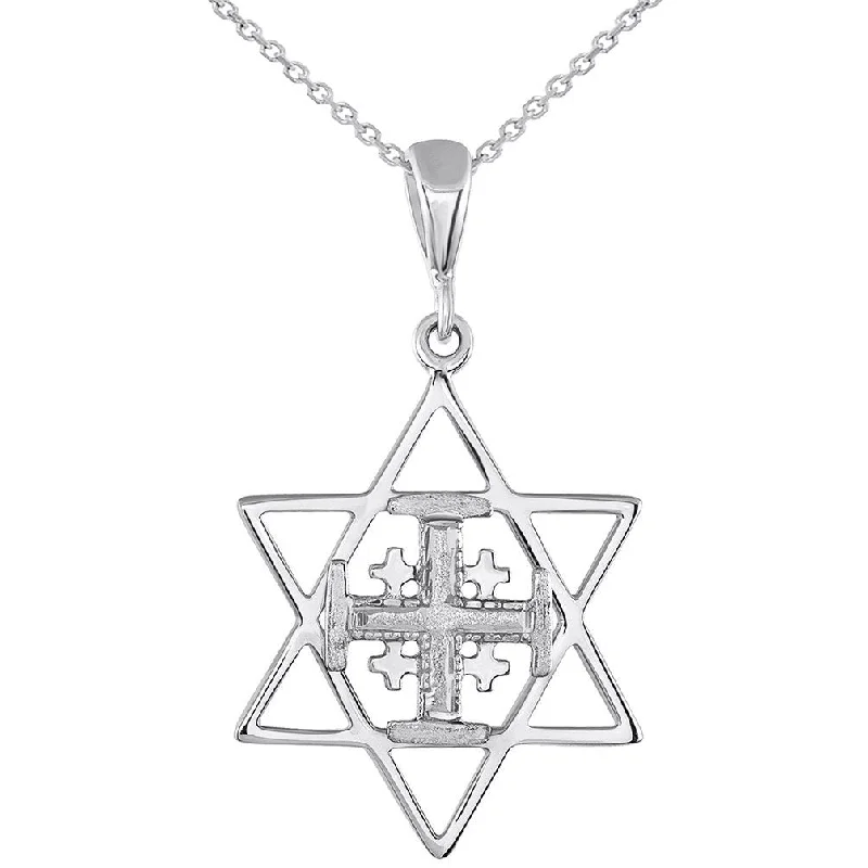 women pendant necklaces -Solid 14K Gold Star of David and Jerusalem Cross Pendant Necklace - White Gold