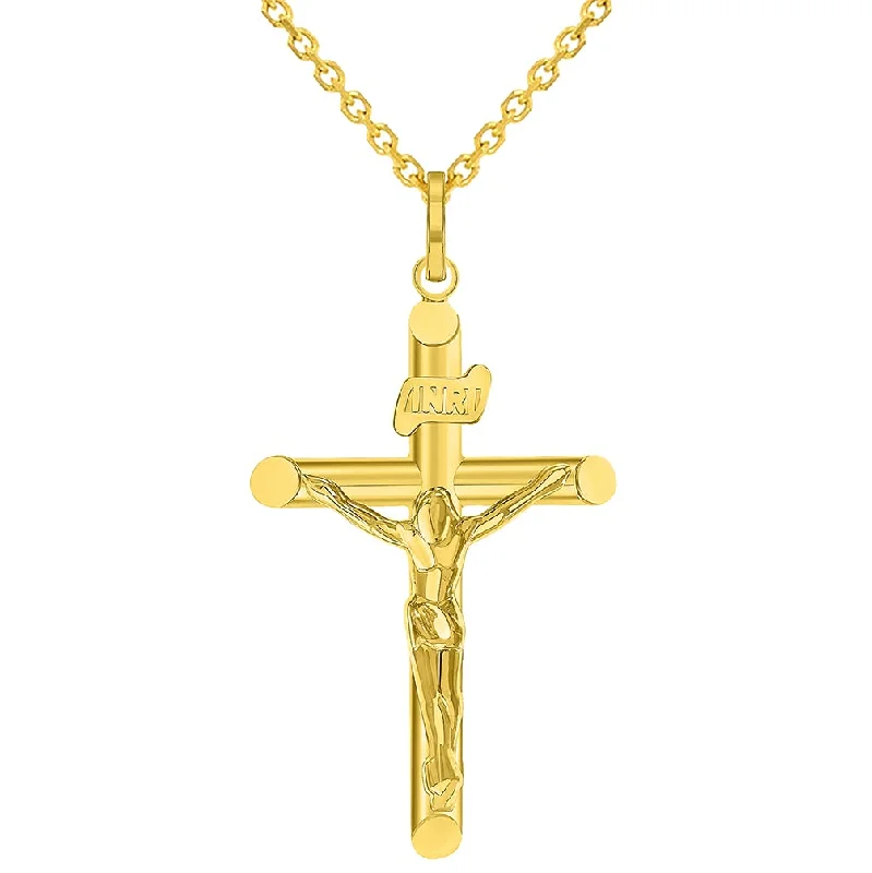 women gemstone drop pendant necklaces -14k Yellow Gold INRI Tubular Cross Charm Traditional Roman Catholic Crucifix Pendant Necklace