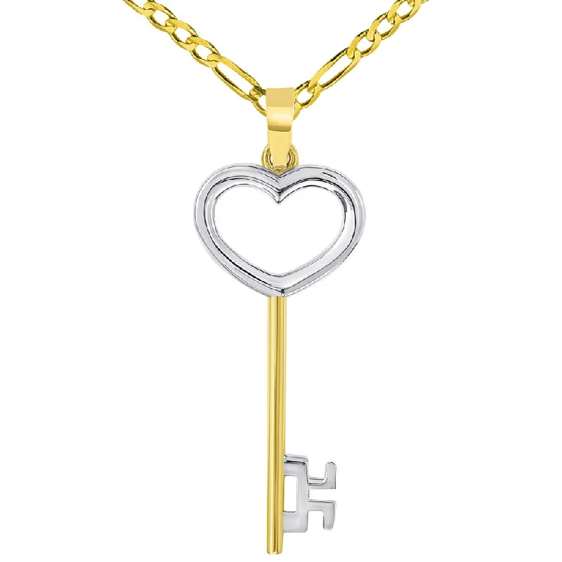 women chunky necklaces -14k Solid Yellow Gold 3D Two Tone Open Heart Shaped Love Key Pendant with Figaro Necklace