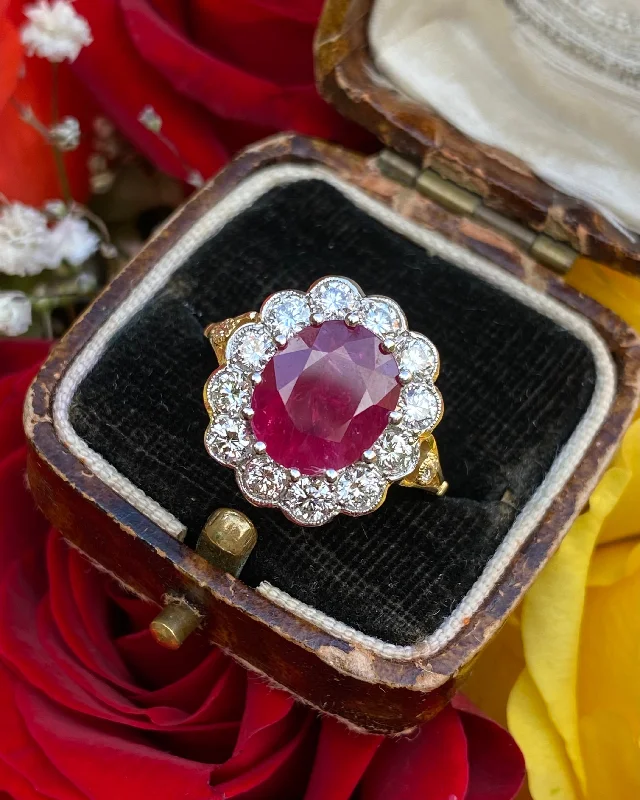 women gemstone rings -Victorian Ruby and Diamond Cluster Ring 18ct Yellow Gold 1.75ct + 3.33ct