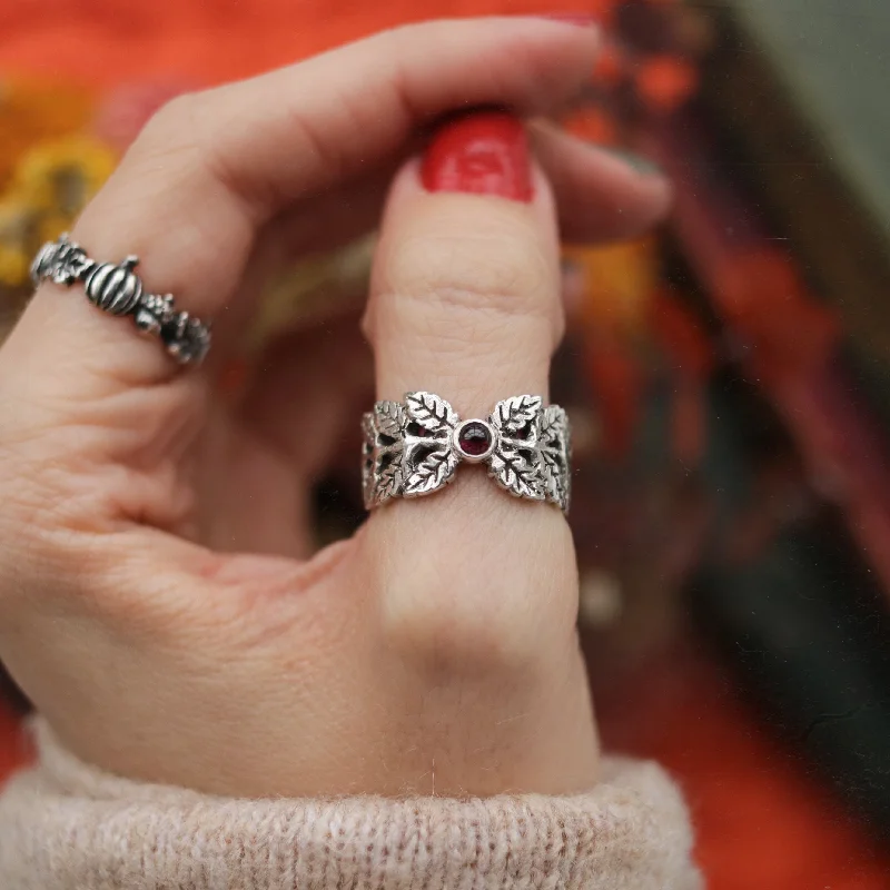 women stack rings -Fern Cradle Garnet Ring