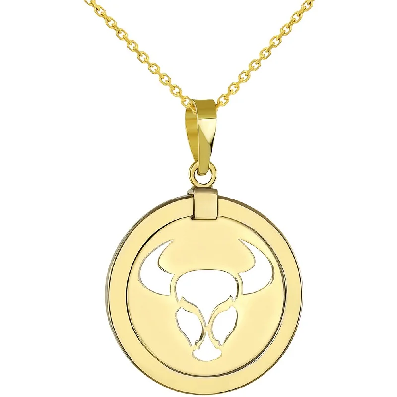 women long necklaces -14K Gold Reversible Round Bull Taurus Zodiac Sign Pendant Necklace - Yellow Gold