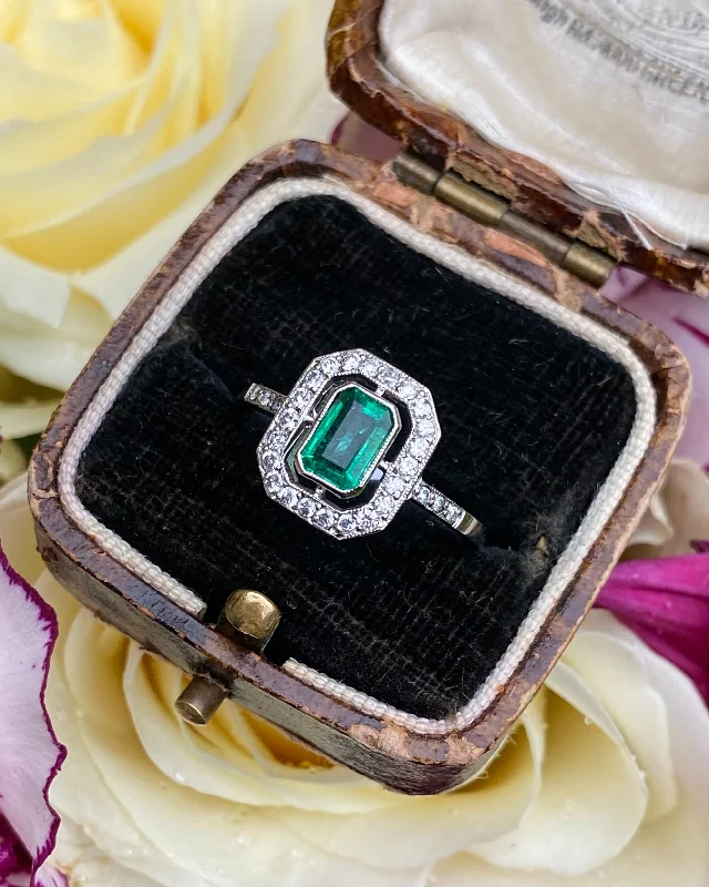 women antique rings -Art Deco Emerald and Diamond Platinum Ring 0.25ct + 0.85ct