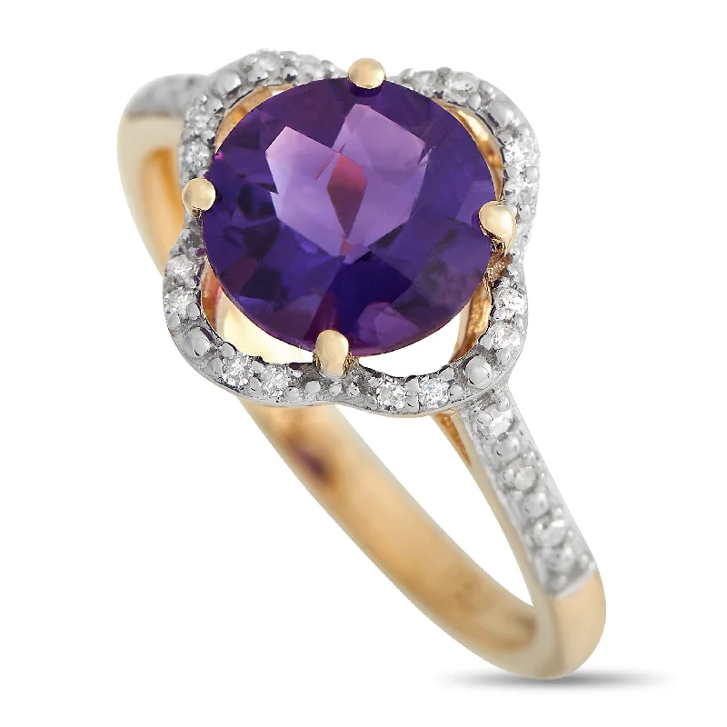 women engagement rings -LB Exclusive 14K Yellow Gold 0.10ct Diamond and Amethyst Quatrefoil Ring RC4-11976YAM