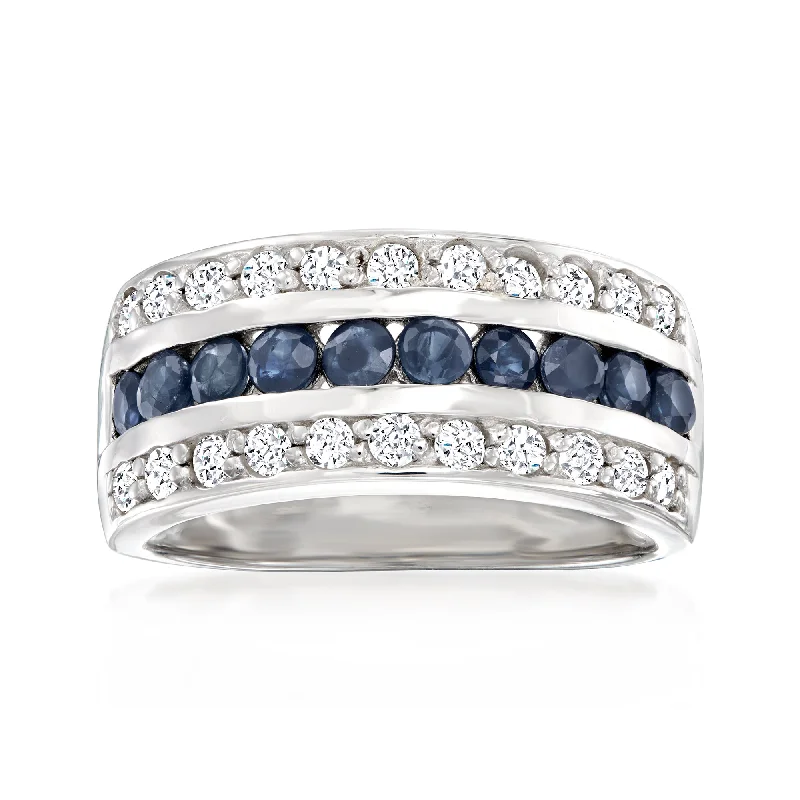 women custom halo engagement rings -Ross-Simons Sapphire and . White Topaz Multi-Row Ring in Sterling Silver