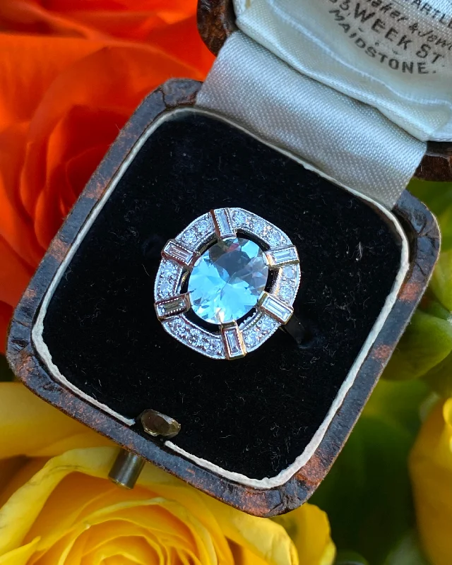 women adjustable rings -Art Deco Style Aquamarine and Diamond Ring Platinum 0.40ct + 1.50ct