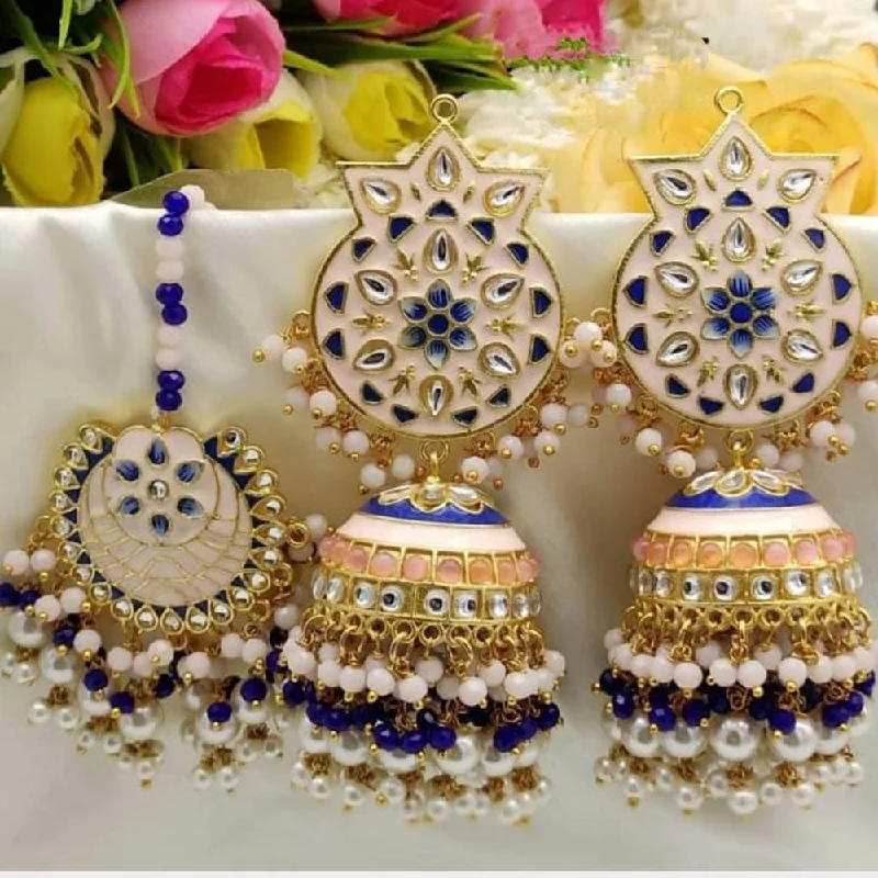 women gold hoop earrings -Akruti Collection Gold Plated Kundan Stone And Pearls Meenakari Earrings With Maangtikka