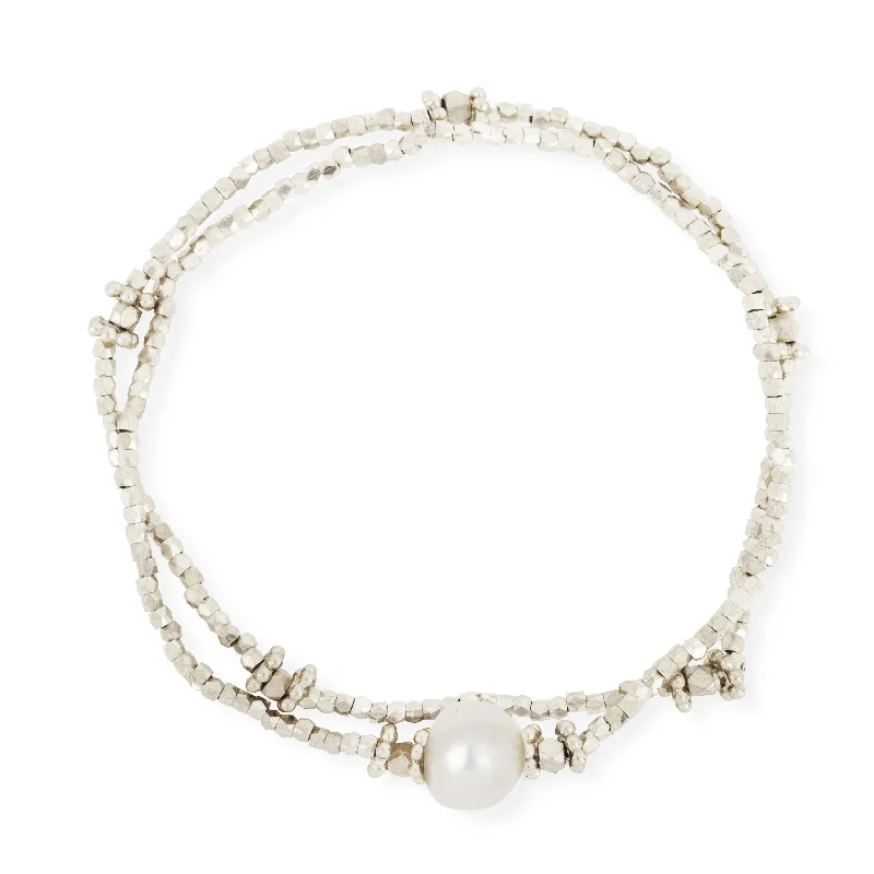 women stacking bracelets -Bluebell Silver Pearl Bracelet