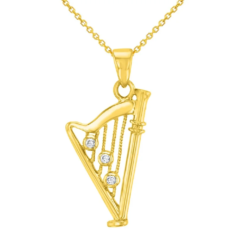 women custom engraved gold necklaces -Solid 14K Gold CZ Harp Charm Musical Instrument Pendant Necklace - Yellow Gold