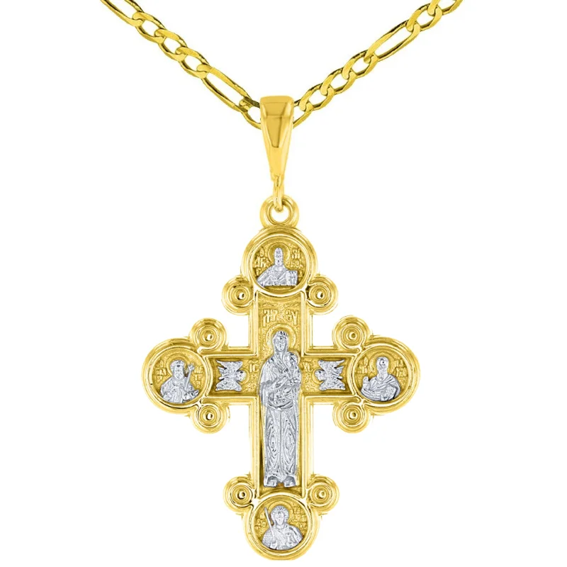 women flower necklaces -14K Gold Mother of God Virgin Mary with Jesus & Saints Cross Pendant Figaro Chain Necklace - Yellow Gold