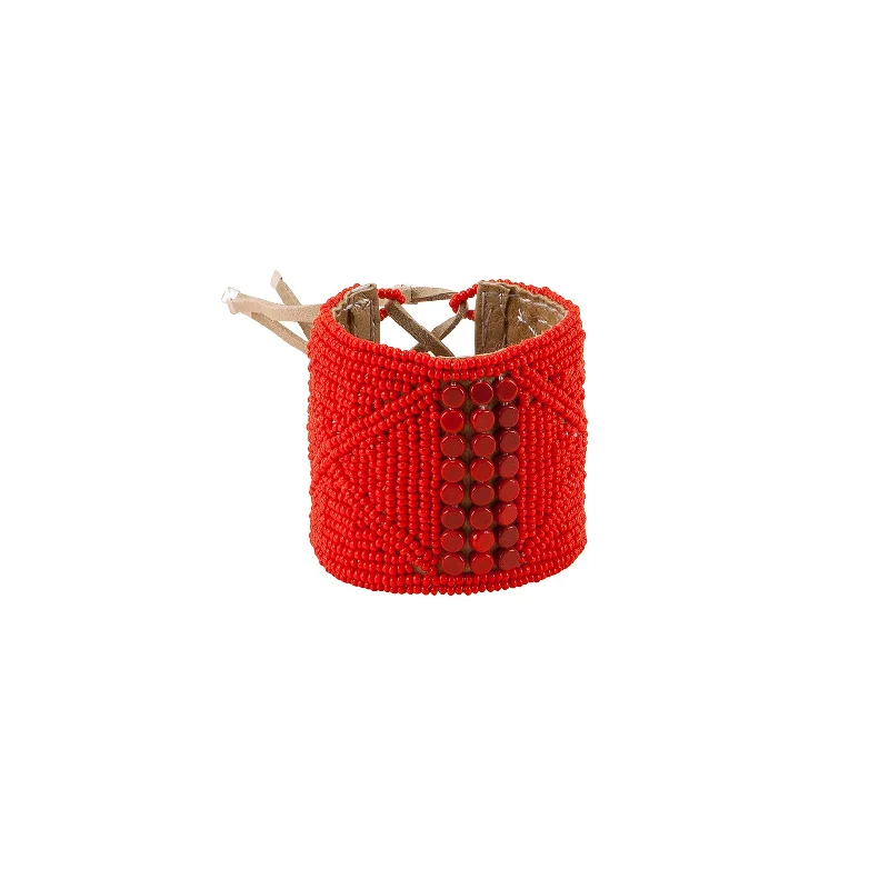 women oval bracelets -Leather Bracelet Cuff - RED