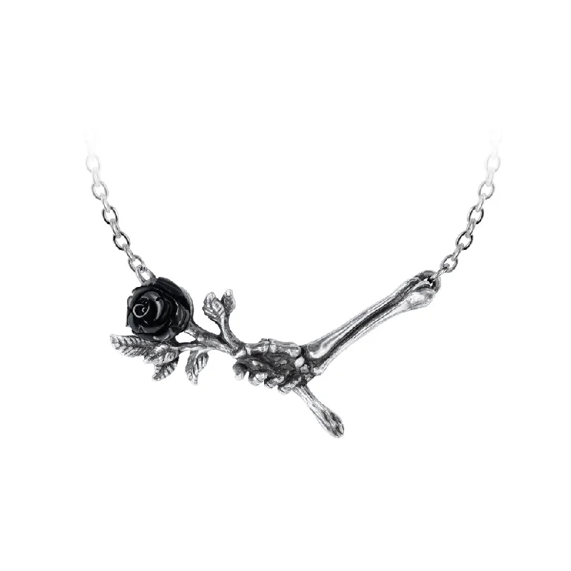 women emerald necklaces -Love Never Dies Necklace, Black Rose & Skeleton Hand by Alchemy Gothic