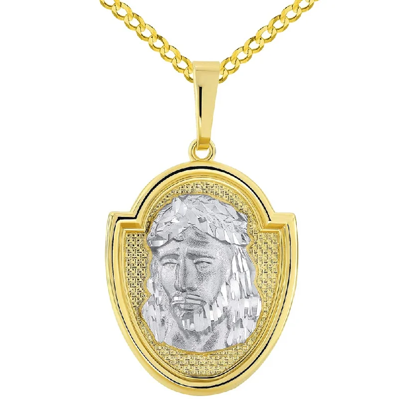 women monogram necklaces -14k Two-Tone Gold Jesus Christ Medallion Scripted God Bless Us Pendant with Curb Chain Necklace