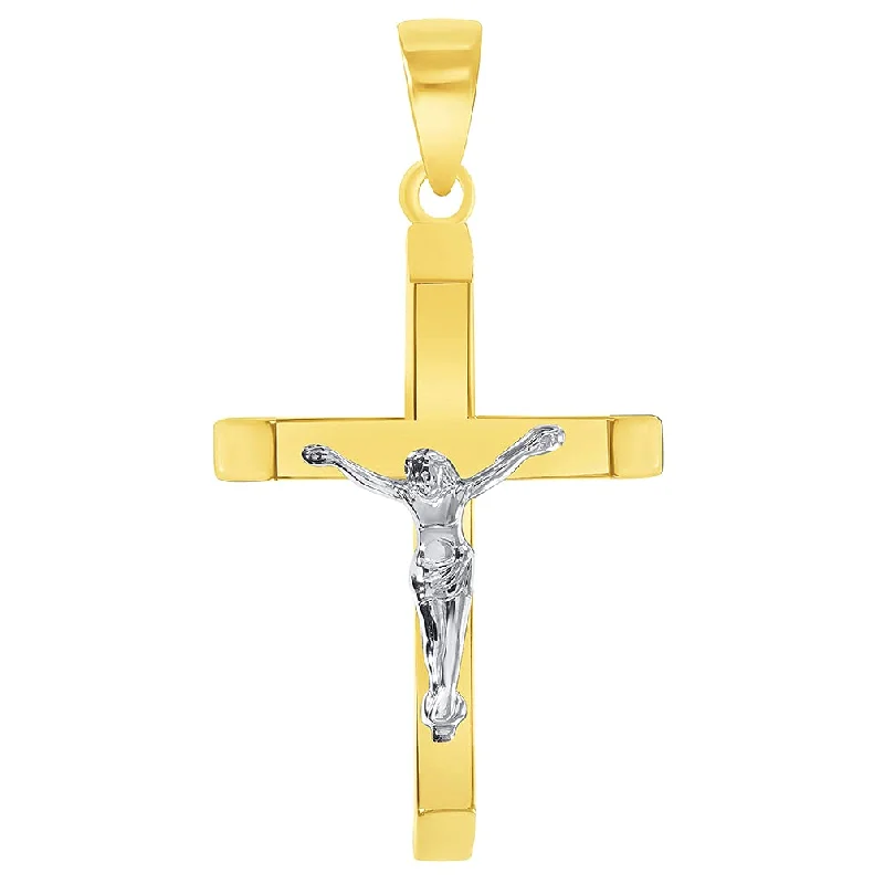 women geometric necklaces -14k Two-Tone Gold 3D Catholic Christian Crucifix Slanted-Edge Cross Pendant (38.5 x 21mm)